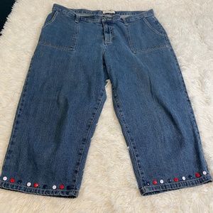 CJ Banks denim cropped jeans with red/white/blue button detail at hem